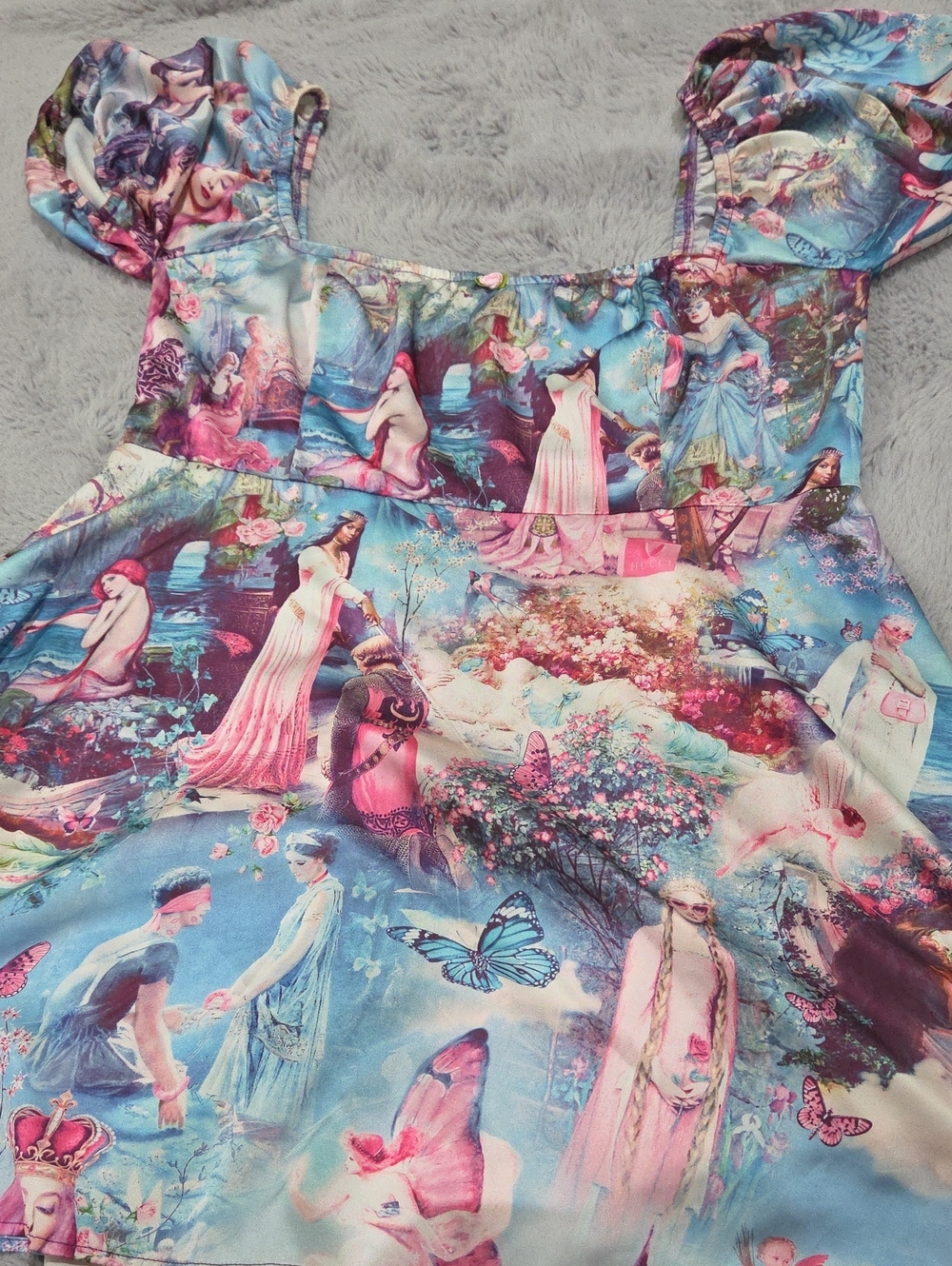 Dolls Kill Sugar Thrillz Whimsical Blue Print Puff-Sleeve Women's Dress
